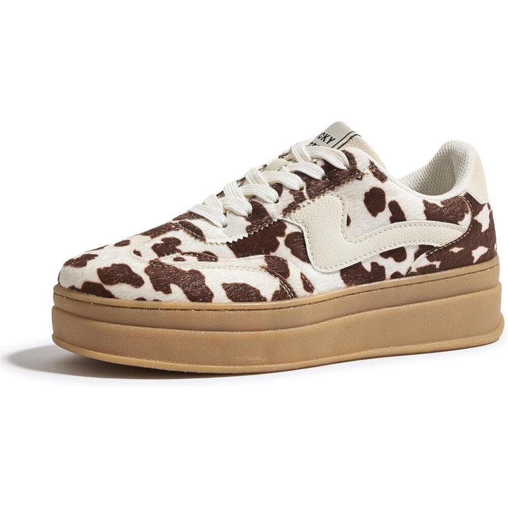 Women Platform Cow Print Sneaker Thick Sole Suede Leather Low Top Walking Shoes